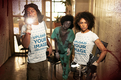 Horror-Themed T-Shirt Mockup of a Man and a Woman in a Zombie-Infested Hospital