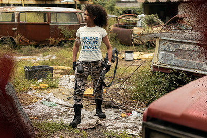 Zombie-Themed Mockup of a Woman Wearing a T-Shirt in a Battlefield