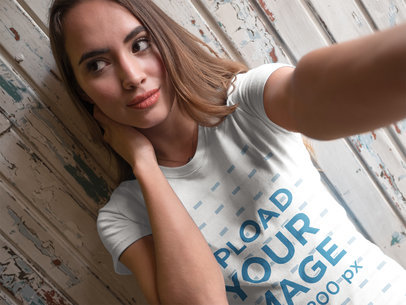 Selfie Template of a Pretty Woman Looking Aside While Wearing a Round Neck Tee