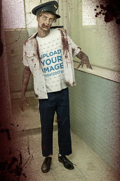 T-Shirt Mockup Featuring a Man in a Zombie Costume for Halloween