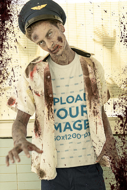 T-Shirt Mockup Featuring a Zombie With a Pilot Hat 