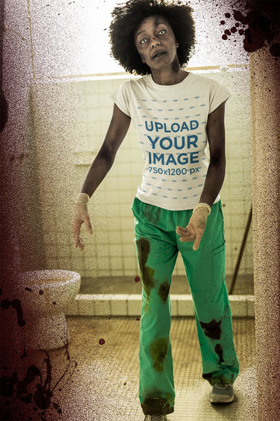 T-Shirt Mockup of a Zombie Limping Through a Restroom