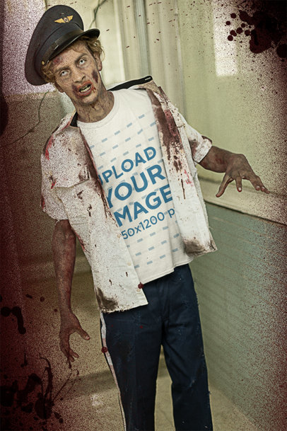 Mockup of a Man in a Zombie Costume Wearing a Round-Neck T-Shirt