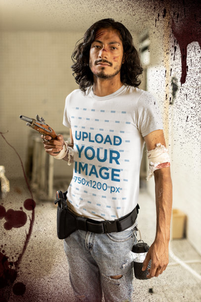 T-Shirt Mockup of a Long-Haired Man in a Zombie Attack Survivor Costume