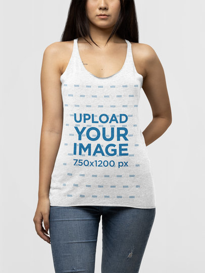 Mockup of a Woman Wearing a Heather Tank Top From Bella Canvas