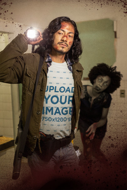 T-Shirt Mockup of a Man Characterized as a Zombie Warrior