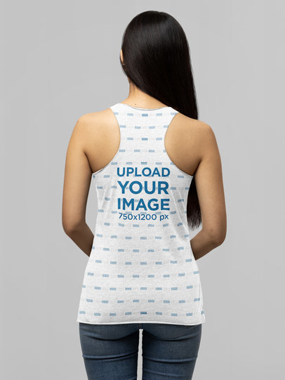 Back View Mockup of a Long-Haired Woman Wearing a Bella Canvas Tank Top