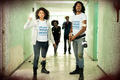 T-Shirt Mockup of Two Survivors Surrounded by Zombies in a Hallway