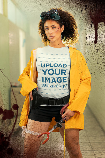 T-Shirt Mockup of a Survivor Ready to Fight Her Way Out in a Zombie Apocalypse