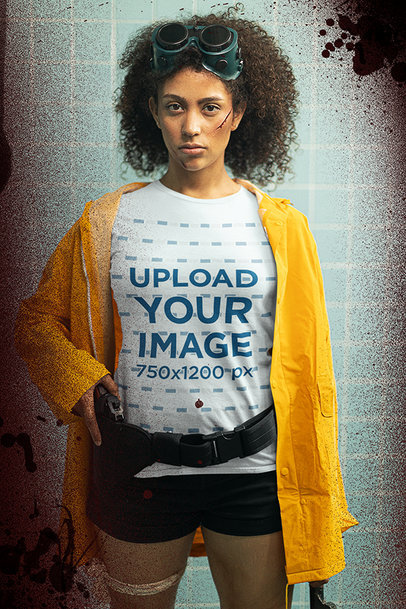 T-Shirt Mockup of a Woman Dressed as a Zombie Movie Character
