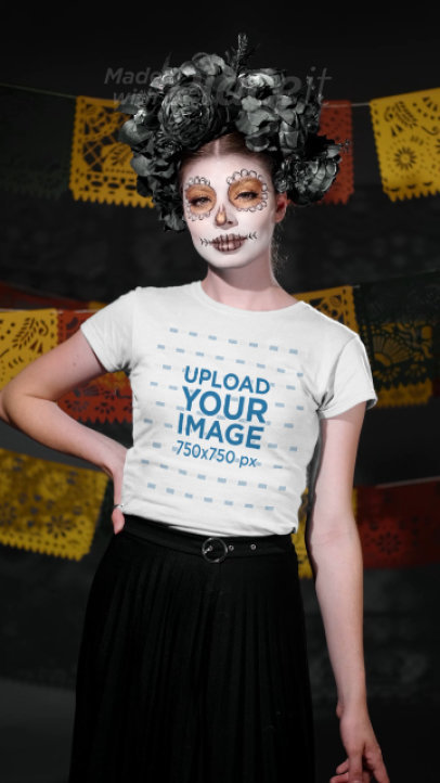 T-Shirt Video of a Woman with Catrina Makeup for Dia de Muertos
