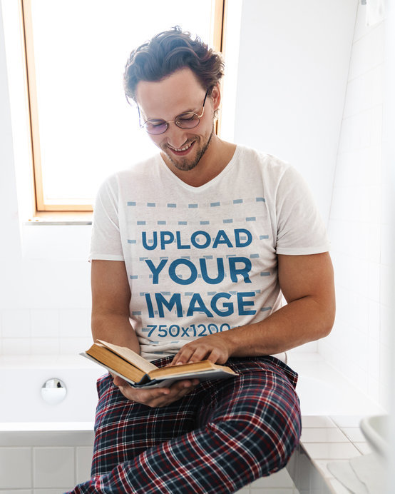 V-Neck Tee Mockup Featuring a Man Reading a Book