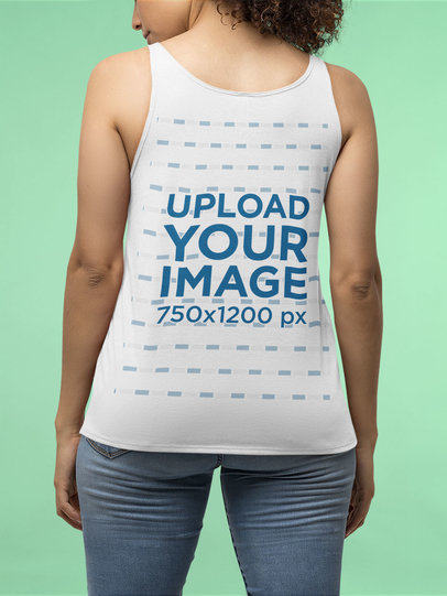 Mockup of the Back of a Curly-Haired Woman Wearing a Bella Canvas Tank Top
