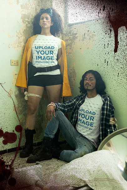 T-Shirt Mockup Featuring Two Survivors of a Zombie Attack