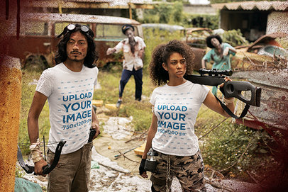 T-Shirt Mockup Featuring Two Zombie Apocalypse Survivors Holding Rifles 