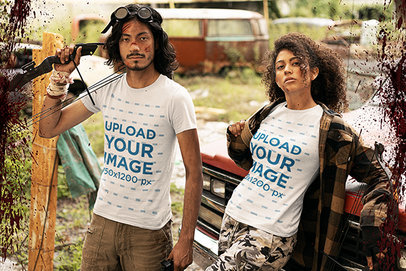 Round-Neck T-Shirt Mockup of Two Warriors Carrying Hunting Bows