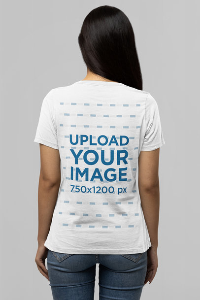 Back-View T-Shirt Mockup of a Long-Haired Woman Standing in a Studio