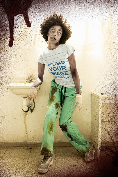 Halloween-Themed T-Shirt Mockup Featuring a Zombie Nurse