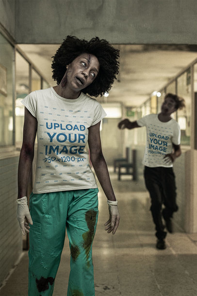 T-Shirt Mockup Featuring Two Zombies in a Corridor