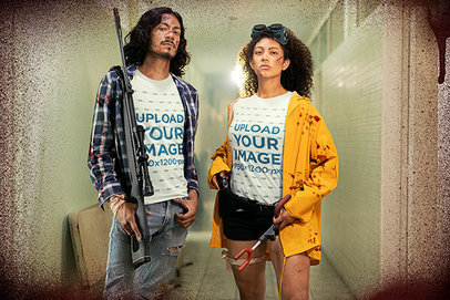 T-Shirt Mockup Featuring Two Zombie Apocalypse Survivors 