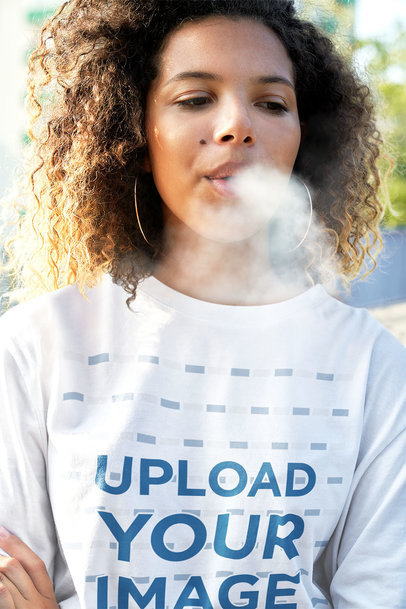 Long Sleeve Tee Mockup of a Curly-Haired Woman Smoking