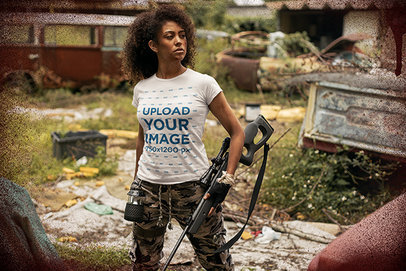Halloween-Themed T-Shirt Mockup of a Woman With a Sniper Rifle