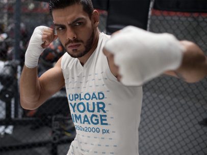 Sports Mockup of a Man Throwing a Hook While Wearing a Sleeveless Shirt