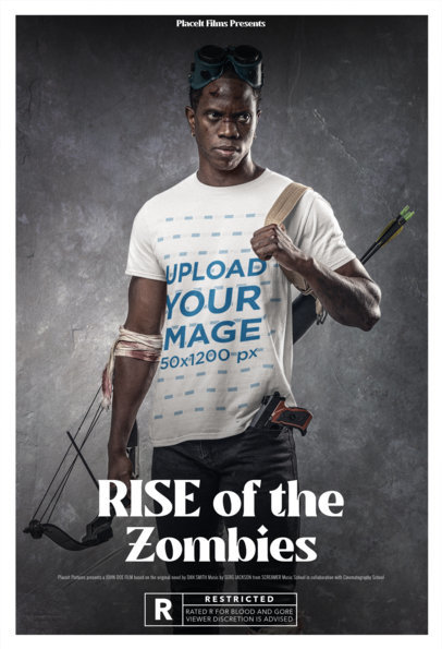 Zombies-Themed T-Shirt Mockup Featuring a Man and a Poster Layout