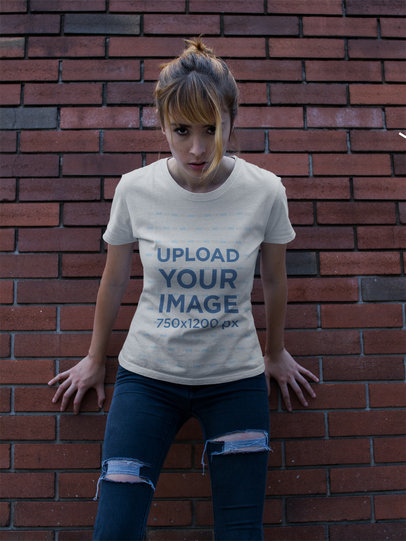 Halloween Woman Wearing a Round Neck T-Shirt Mockup While Against a Bricks Wall
