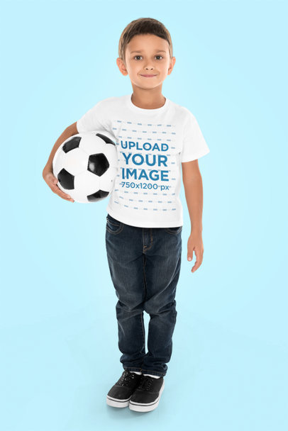 Round-Neck Tee Mockup of a Little Boy with a Soccer Ball