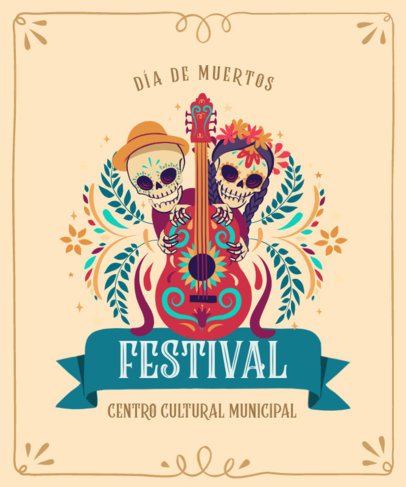 Illustrated T-Shirt Design Template for a Dia de Muertos Festival