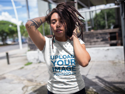 Girl with Dreadlocks Wearing a T-Shirt Mockup While at a Construction Place Back Alley a17134