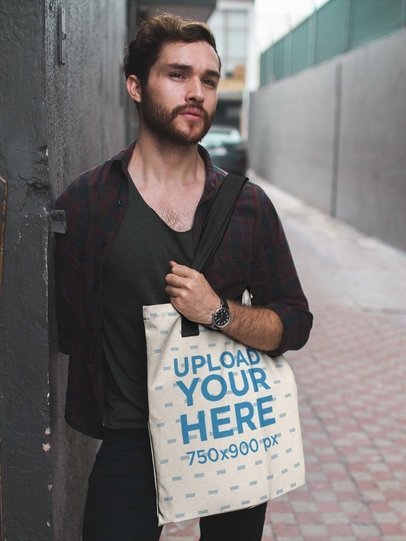 Dude Standing in an Alley While Carrying a Tote Bag Mockup