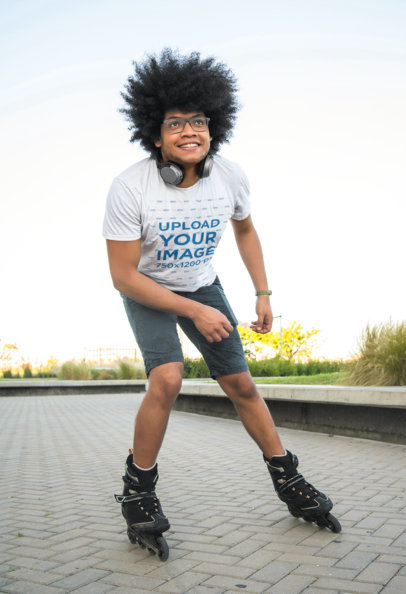 T-Shirt Mockup of a Man With an Afro Roller Skating