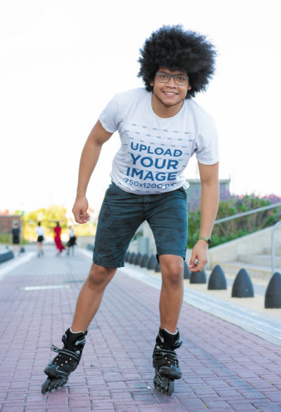 T-Shirt Mockup of a Smiling Man on Roller Skates