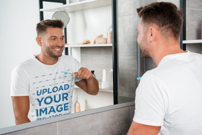 T-Shirt Mockup Featuring a Man Brushing His Teeth