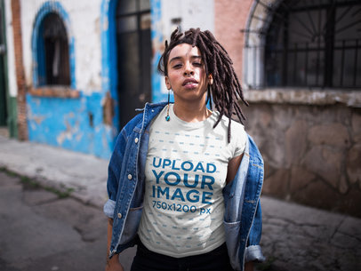Dreadlocked Girl with an Attitude Wearing a T-Shirt Mockup Outdoors a17141
