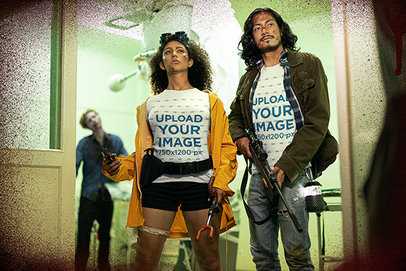 T-Shirt Mockup of Two Zombie Hunters at a Hospital