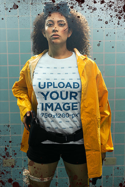 T-Shirt Mockup of a Woman in a Zombie Apocalypse-Themed Scenario