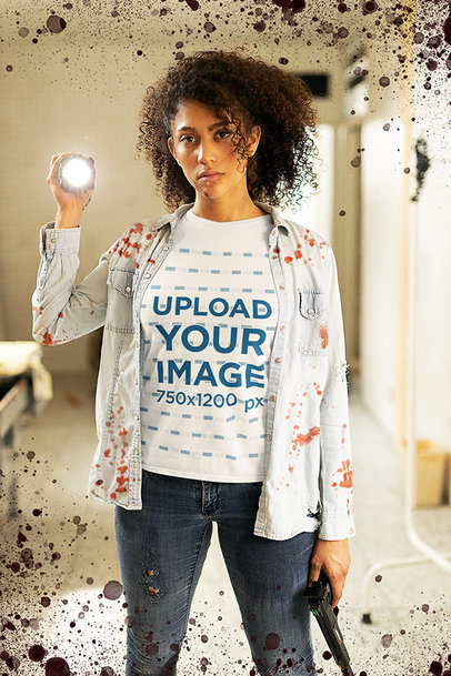 Tee Mockup Featuring a Zombie Apocalypse Survivor Holding a Flashlight