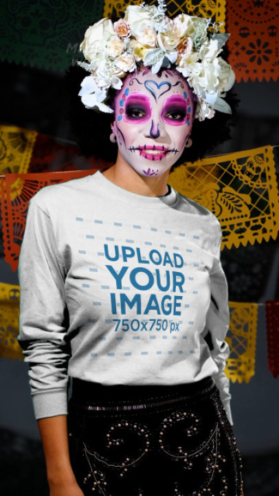 Long Sleeve Tee Video of a Woman Disguised as a Catrina for Dia de Muertos