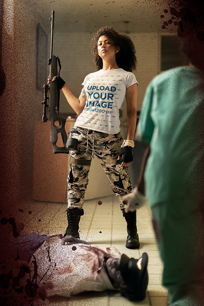 T-Shirt Mockup Featuring a Proud Young Woman Holding a Rifle