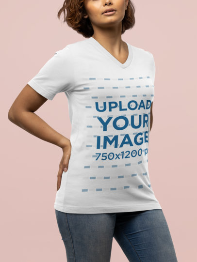 Bella Canvas V-Neck Tee Mockup Featuring a Young Short-Haired Woman