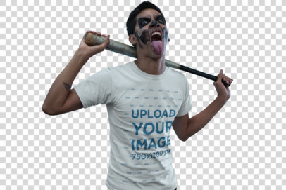 Transparent T-Shirt Mockup of a Man In Halloween Makeup Making a Scary Face