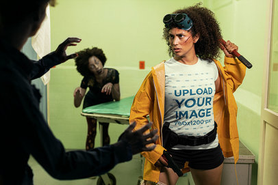 T-Shirt Mockup Featuring a Woman Fighting Zombies