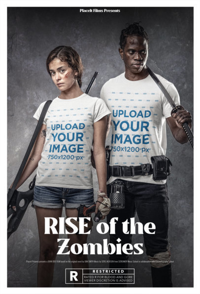 T-Shirt Mockup With a Zombie Movie Theme Featuring a Woman and a Man