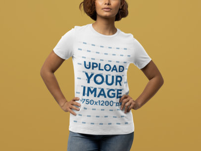 Mockup of a Confident Woman Wearing a Bella Canvas Tee at a Studio