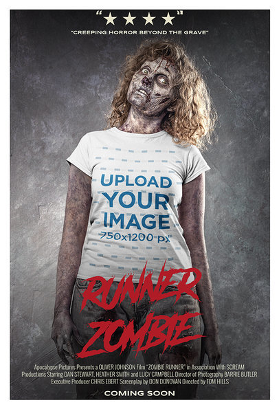 Movie Poster-Style Mockup of a Female Zombie Wearing a Round-Neck Tee