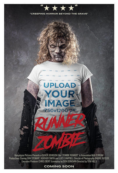 T-Shirt Mockup of a Woman Characterized as a Zombie in a Movie Poster Style