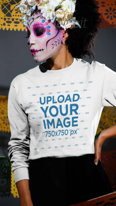 Long Sleeve Tee Video of a Woman with Mexican Catrina Makeup for Dia de Muertos